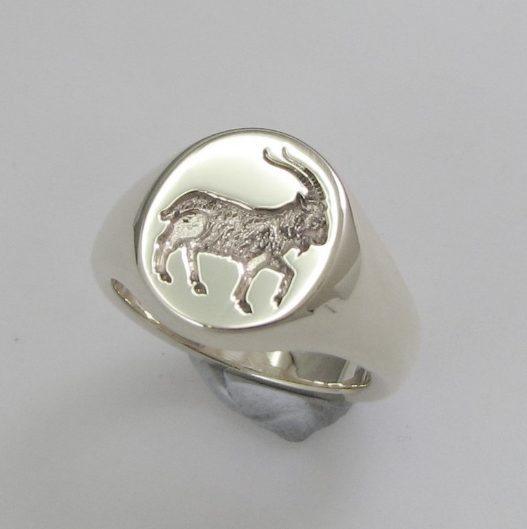 Goat deeply engraved silver signet ring