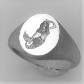 Mermaid deeply engraved silver signet ring